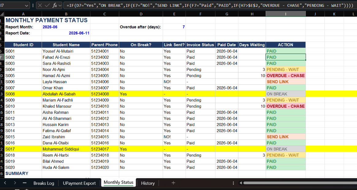 Excel payment tracker showing each student's payment status and next action, with sample data